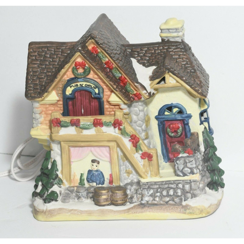Pub N' Grub Inn Light Up Porcelain House Christmas Snow Town Figure